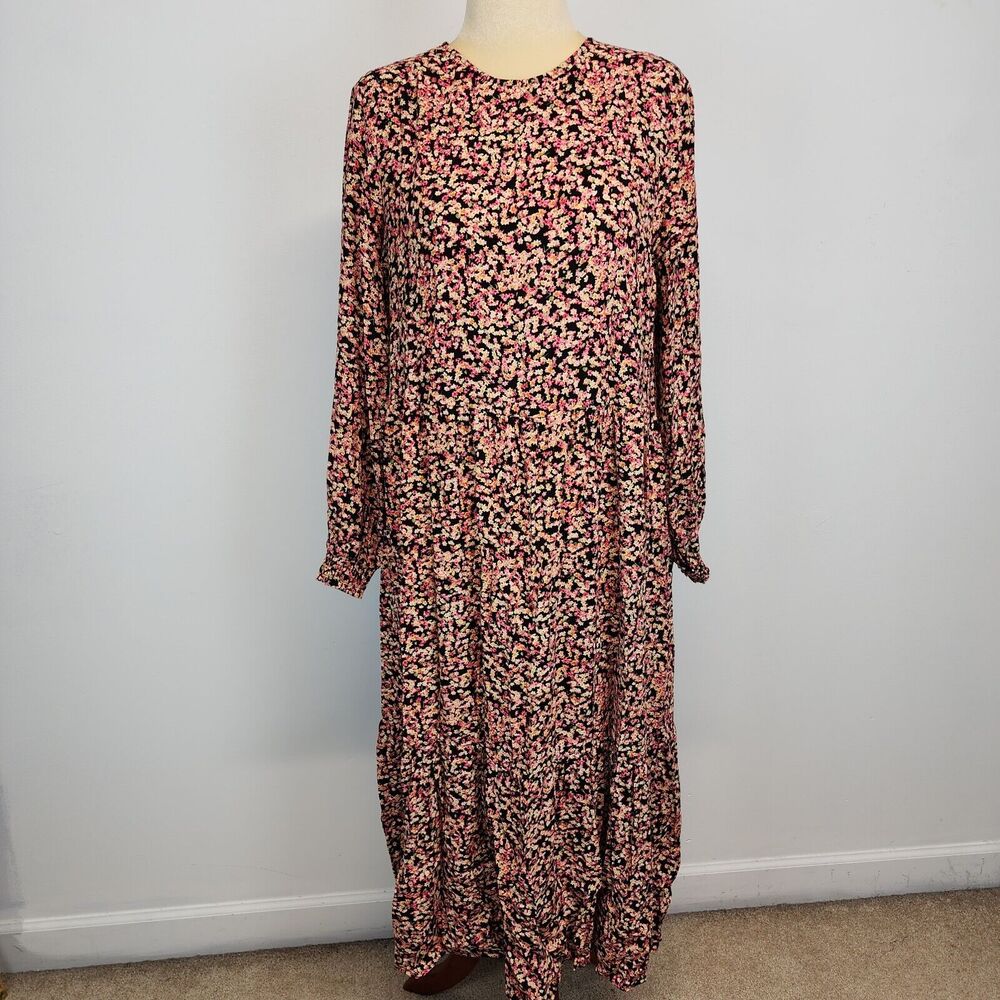 H&M Ditsy Floral Crepe Peasant Maxi Dress Size M Long Sleeve Tradwife Cottage
